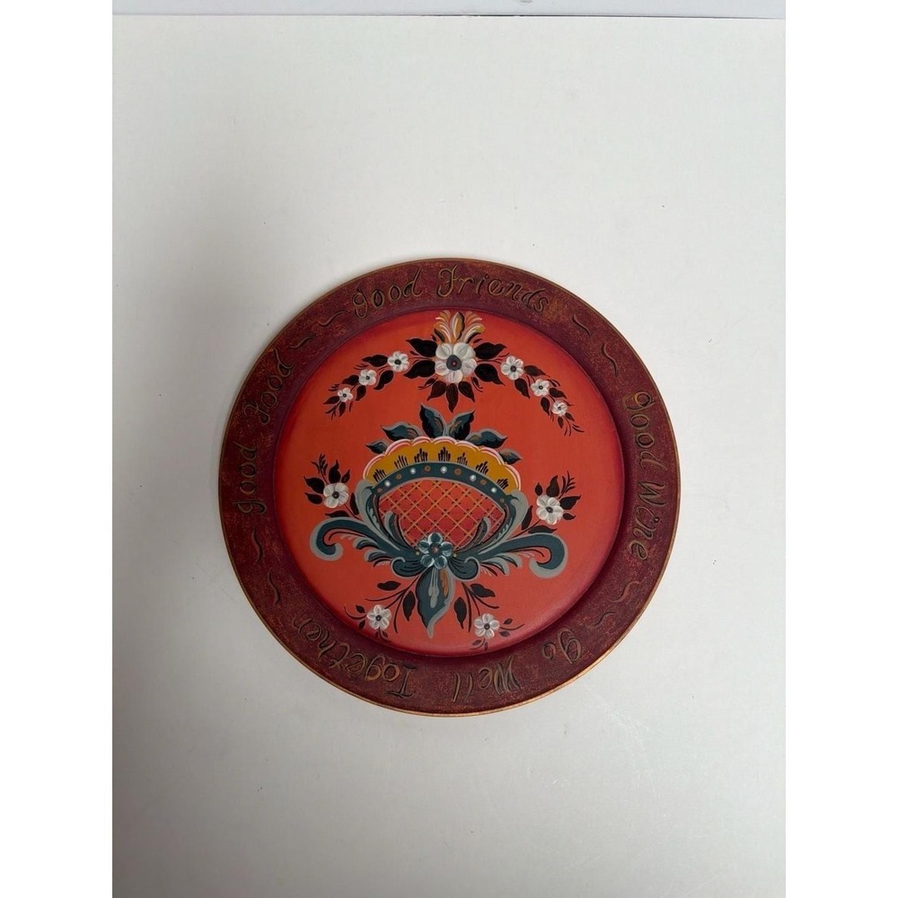 Vintage Hand-Painted Rosemaling Wooden Plate - Good Food, Good Wine, Good Friend